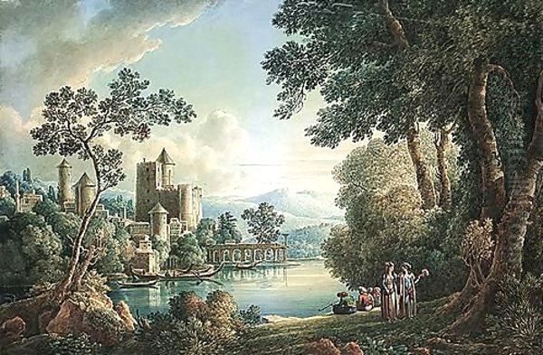 A Capriccio View With Turkish Figures By A Lake, A City With A Fortress And A Minaret On The Other Bank Oil Painting by Louis Francois Cassas