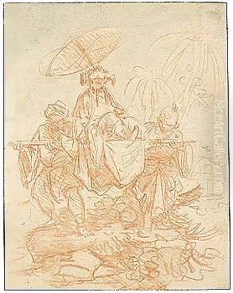 A Chinese Potentate Carried On A Litter By Two Boys Oil Painting by Francois Boucher