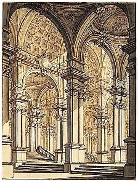 A Palace Courtyard With Arches Leading To Flights Of Steps Oil Painting by Pietro Gonzaga