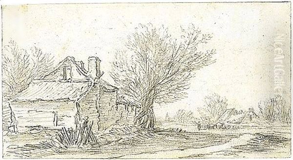 A Sketchbook Sheet A Cottage Beside Trees To The Left, And A Path To The Right And Other Cottages And Animals Behind Oil Painting by Jan van Goyen