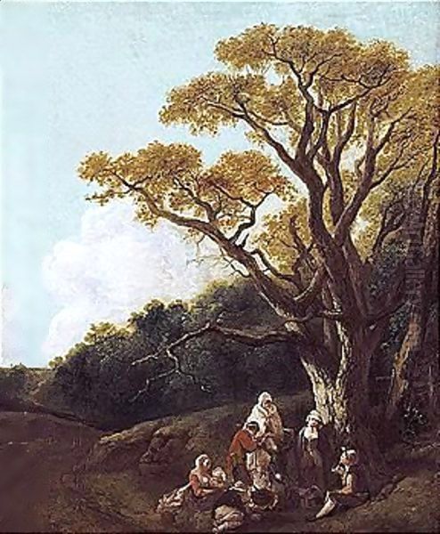 Wooded Landscape With Peasants And Donkey Round A Fire, Figures And Distant Church (The Gypsies) Oil Painting by Thomas Gainsborough