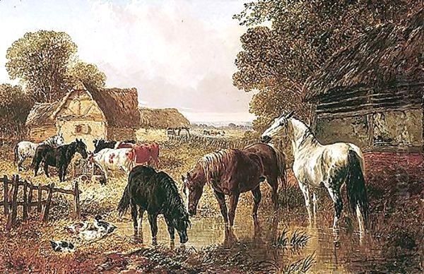 Horses And Cattle In A Farmyard Oil Painting by John Frederick Herring Snr