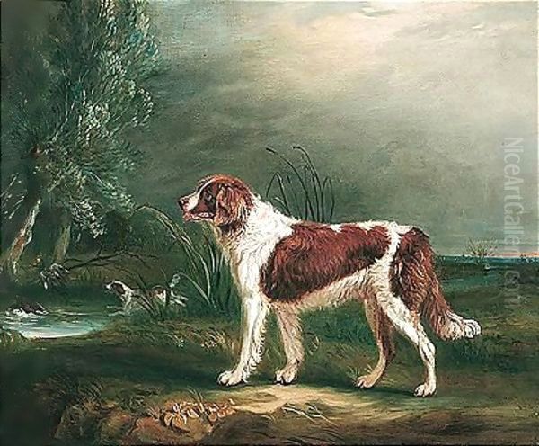 Two Spaniels By A Stream, One Putting Up Mallard Oil Painting by John Snr Ferneley