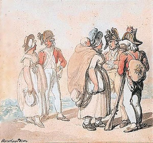 Officers Conversing With Country Women Oil Painting by Thomas Rowlandson