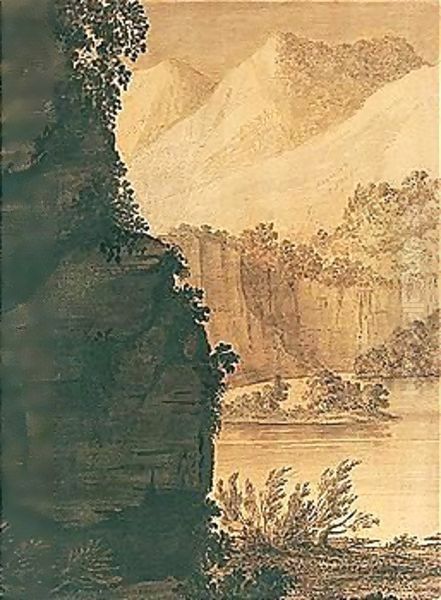 A Mountain Lake Scene Oil Painting by Alexander Cozens