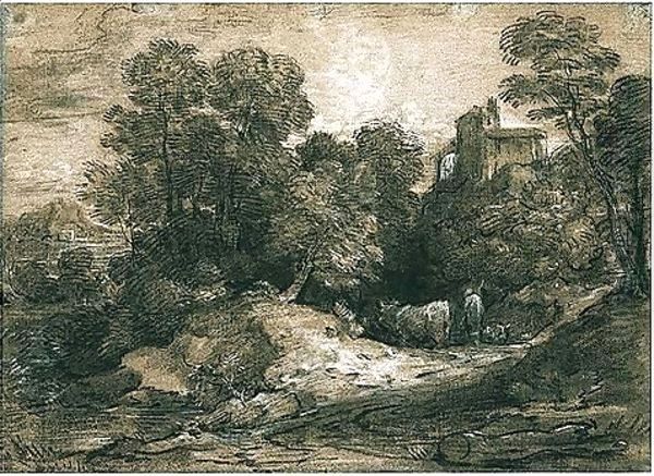 Wooded Landscape With Herdsman And Cattle, A Building Beyond To The Right Oil Painting by Thomas Gainsborough