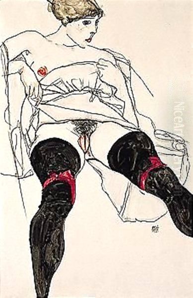 Reclining nude with black stockings Oil Painting by Egon Schiele