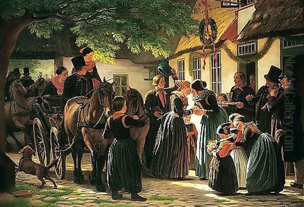 Et Brudepars Hjemkomst Fra Kirken, Amager (The Newly-weds' Return) Oil Painting by Johann Julius Exner