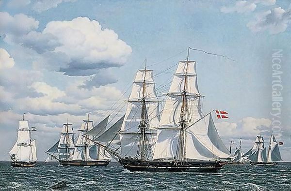 Adskillige Kobmandsskibe Som Krydser Med Alle Sejl, Fortil En Dansk Orlogsbrig (Merchant Ships Crossing In Full Sail, A Danish Vessel In Front) Oil Painting by Christoffer Wilhelm Eckersberg