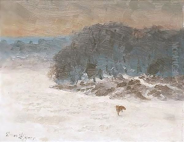 Rav I Vinterlandskap (Snow Landscape With Fox) Oil Painting by Bruno Andreas Liljefors