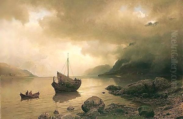 Bater Af Sognefjord (Boats On The Sognefjord) Oil Painting by Hans Fredrik Gude