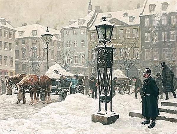 Snekastere Ud For Domhuset Pa Nytorv (A Snow Shower Outside Domhuset, Copenhagen) Oil Painting by Paul-Gustave Fischer