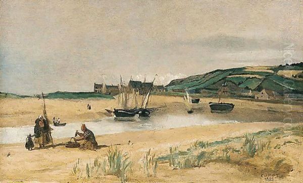 Plage De Sable Avec Bateaux Et Pecheurs (Sainte-adresse) Oil Painting by Jean-Baptiste-Camille Corot