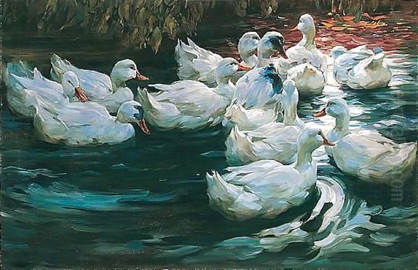 Heimwerts-enten Auf Einem Teich (Homeward Bound-eleven Ducks On A Pond) Oil Painting by Alexander Max Koester