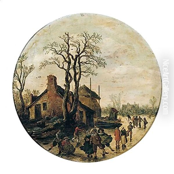 A winter landscape with figures skating and sledging on the ice outside village Oil Painting by Jan van Goyen