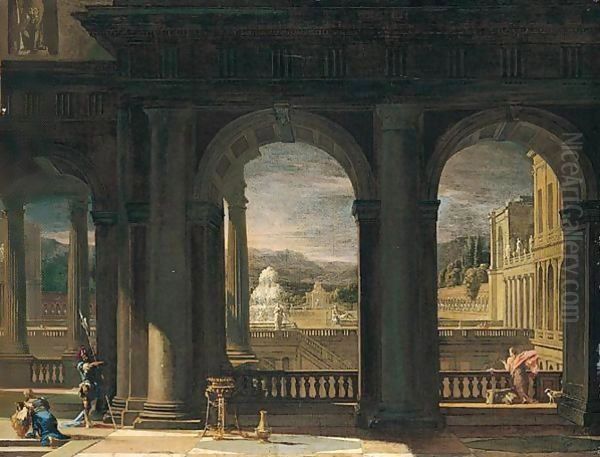 An architectural capriccio with figures near a balcony Oil Painting by Thomas Blanchet