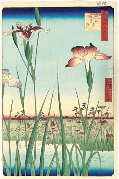 Horikiri No Hana Shobu. Iris En Fleurs A Horikiri Oil Painting by Utagawa or Ando Hiroshige