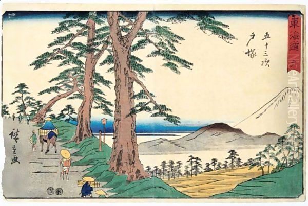 Gojyusan Tsugi No Uchi Totsuka. Totsuka, Un Des Cinquante-Trois Relais De La Route Du Tokaido Dessin Preparatoire Et Estampe Correspondante Oil Painting by Utagawa or Ando Hiroshige