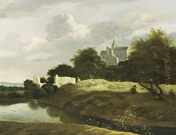 A Wooded Landscape With A Small River In The Foreground And Ruins Nearby, A View Of A Castle Beyond by Jan van Kessel