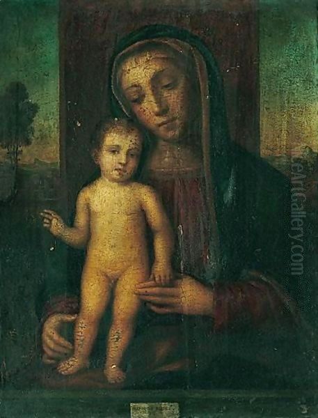 The Madonna And Child Enthroned, A Landscape Beyond by Francesco Bissolo