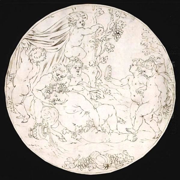 A Roundel Design, With Bacchus Surrounded By Frolicking Putti Oil Painting by Kaspar Jakob Van Opstal