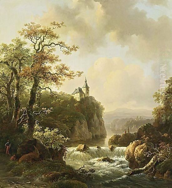 Mountainlandscape In Evening Sunshine With A Waterfall In The Background by Willem De Klerk