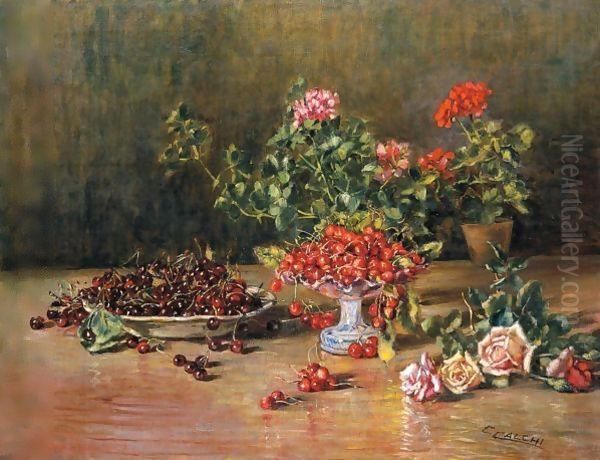 Natura Morta Con Ciliege E Fiori Oil Painting by Cesare Calchi Novati