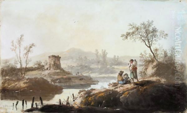 A Landscape With A River And Travellers Oil Painting by Jean-Baptiste Pillement