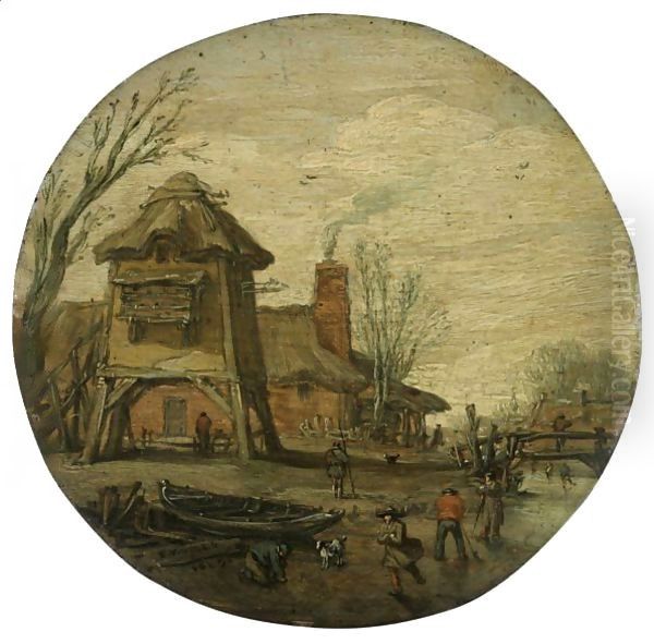 A Winter Landscape With Figures Skating And Playing Kolf On A Frozen River, Before A Large Dovecote And A Cottage Oil Painting by Esaias Van De Velde