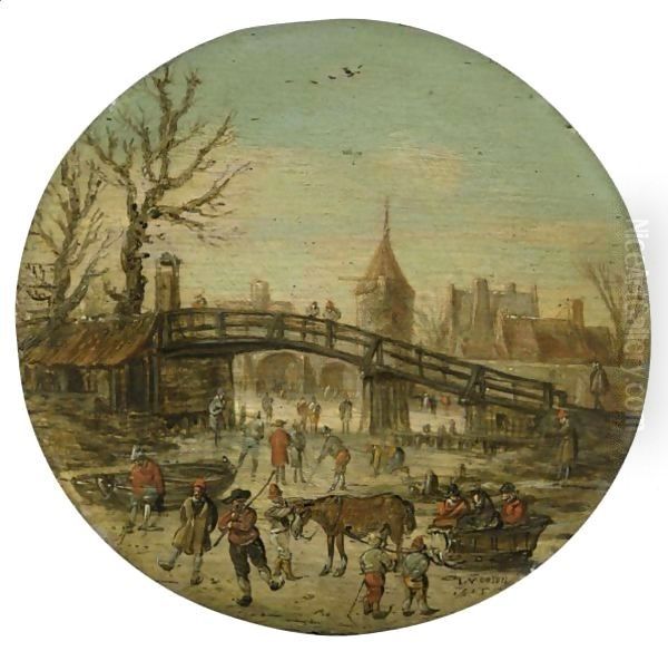 A Winter Landscape With Figures Skating On A Frozen River Before A Bridge, A Town Beyond Oil Painting by Jan van Goyen