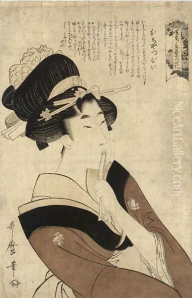 Three Prints 'Ochappii' (The Precocious Girl) From The Series 'Saki-Wake Kotoba No Hana' Oil Painting by Kitagawa Utamaro