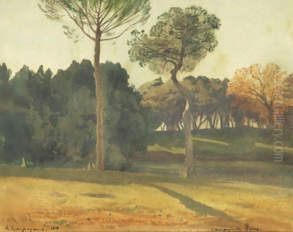 The Park Of Villa Borghese, Rome Oil Painting by Henri-Joseph Harpignies