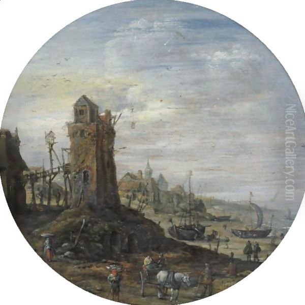 A Bustling Coastal Scene With A Lighthouse Oil Painting by Jan van Goyen