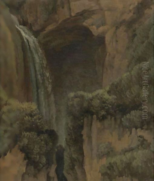 A Waterfall And A Grotto At Tivoli Oil Painting by Simon-Joseph-Alexandre-Clement Denis