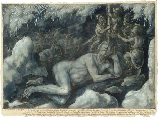 Ulysses And His Companions Blinding The Sleeping Cyclops Polyphemus Oil Painting by Giovanni Stradano