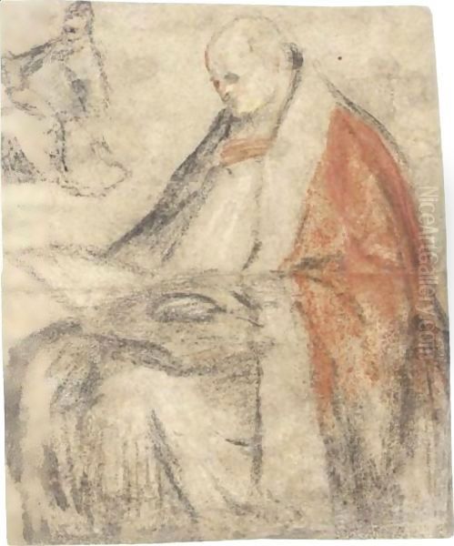 A Seated Bishop Reading From A Book On His Lap, And A Small Study Of The Same Figure, Wearing A Cap Oil Painting by Jacopo Bassano (Jacopo da Ponte)