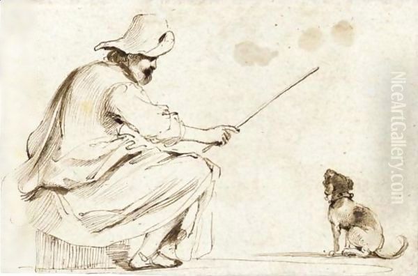 A Seated Man Wearing A Hat And Holding A Cane To Train A Dog Oil Painting by Giovanni Francesco Barbieri