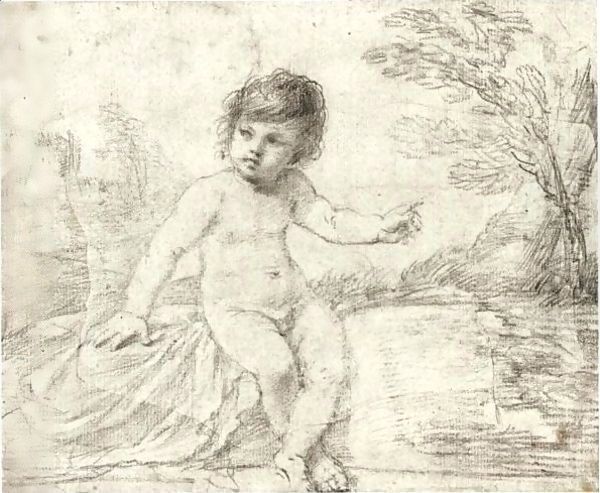 A Child Seated In A Landscape, Pointing To His Left Oil Painting by Giovanni Francesco Barbieri