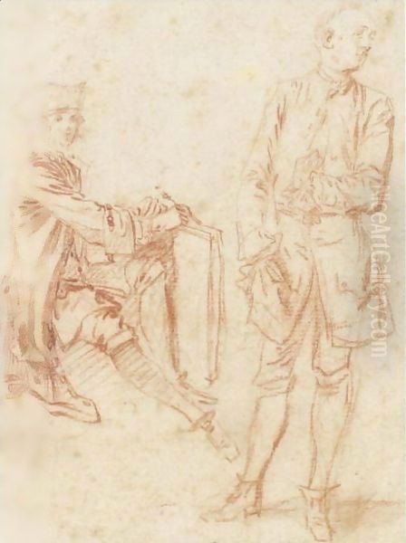 Two Figures A Draughtsman Seated Holding A Portfolio, Another Standing With His Hand In His Pocket Oil Painting by Jean-Antoine Watteau