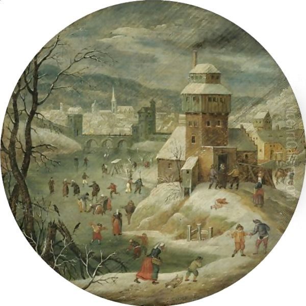 A Village Scene In Winter With Figures Skating Oil Painting by Abel Grimmer