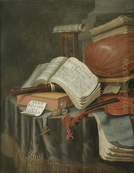 A Vanitas Still Life With Books And Manuscripts, A Recorder, A Lute, A Violin, An Hourglass And A Compass, All On A Draped Table Oil Painting by Edwart Collier