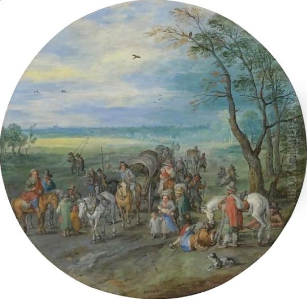 A Landscape With Travellers On A Road Passing A Small Copse Oil Painting by Jan The Elder Brueghel