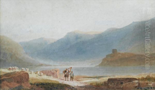 A Man With A Harp And His Son Near Dolbadern Castle, Llanberis Oil Painting by David Cox