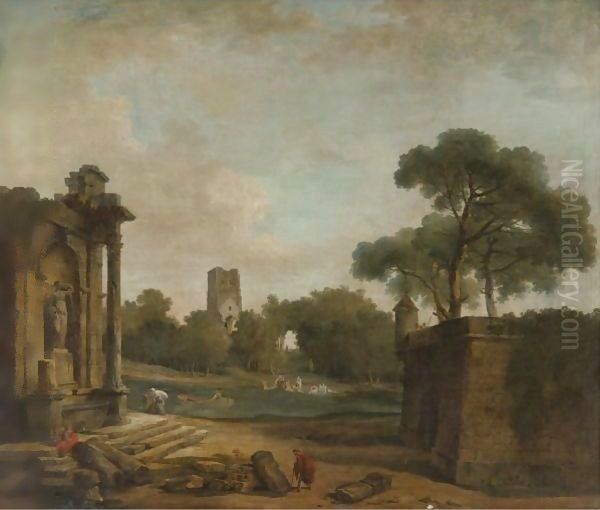 Figures In A Landscape With Roman Ruins And A Gothic Tower Oil Painting by Hubert Robert