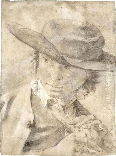 A Boy In A Broad-Brimmed Hat, Holding A Flute Oil Painting by Giovanni Battista Piazzetta