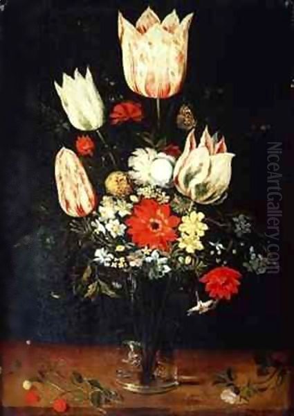 Flowers in a Glass Vase on a Ledge Oil Painting by Peter Binoit