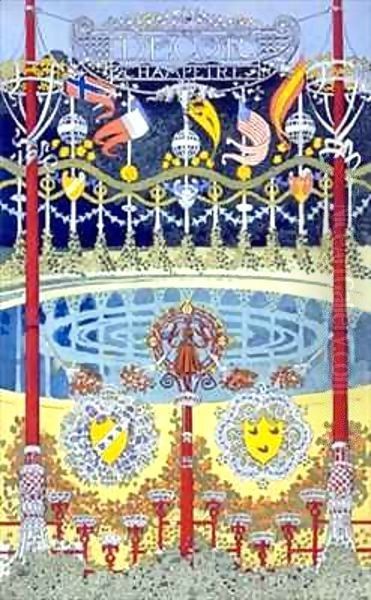 'Decor Champetre', graphic design depicting a pool with festive decorations Oil Painting by Rene Binet