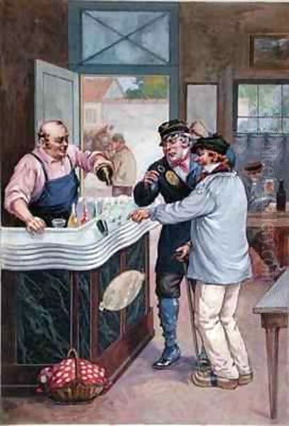 The Aperitif Hour at the Cafe, postman playing dice with a peasant Oil Painting by Biliotti