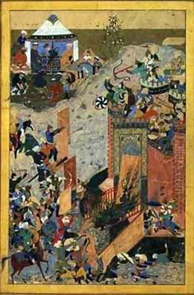 Assault on a Castle, Persian, Timurid Period Oil Painting by (Kamal al-Din Bihzad) Bihzad