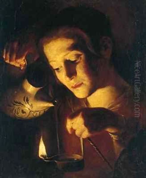 Girl pouring oil into a lamp Oil Painting by Trophime Bigot